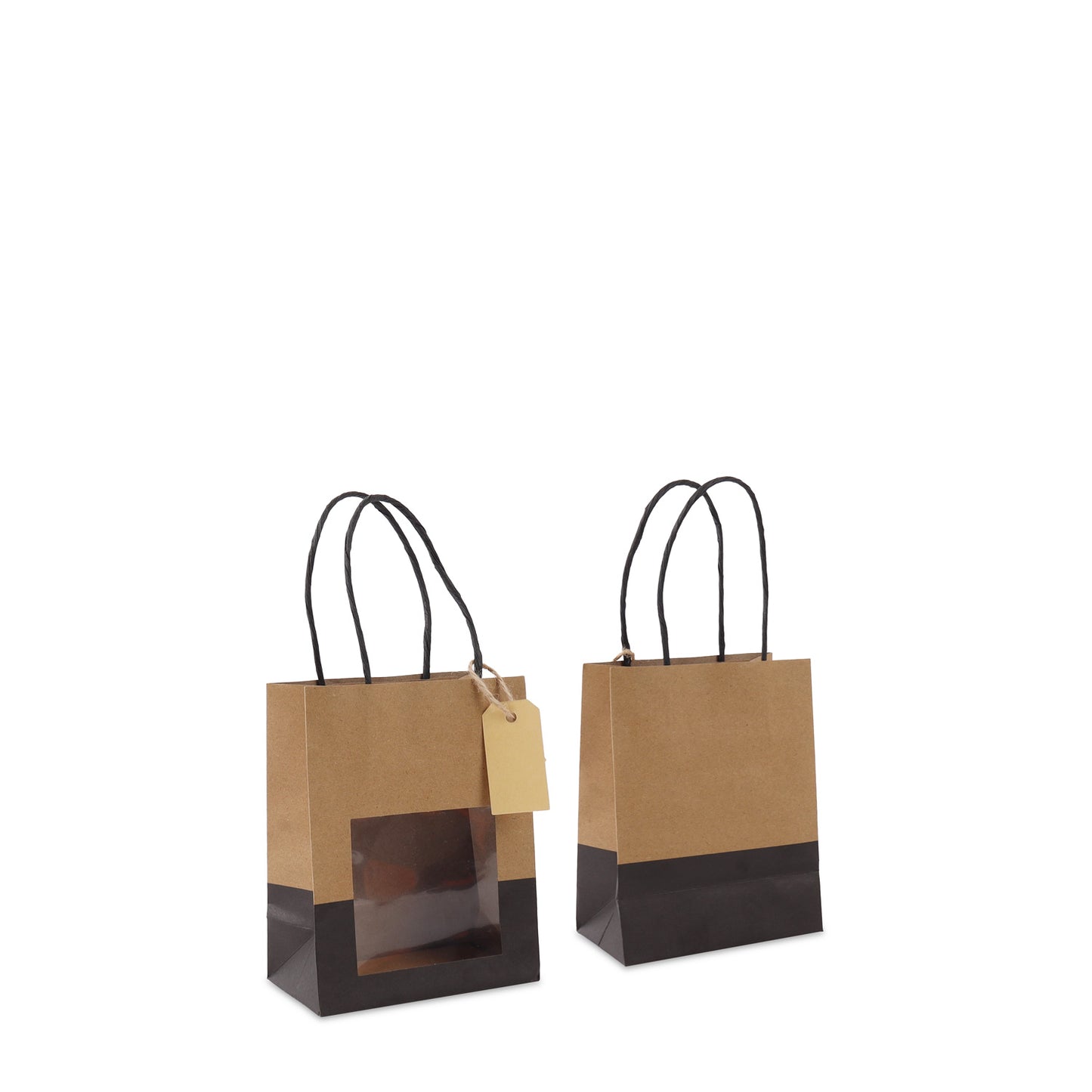 Papieren cadeautasjes met venster en hangtag