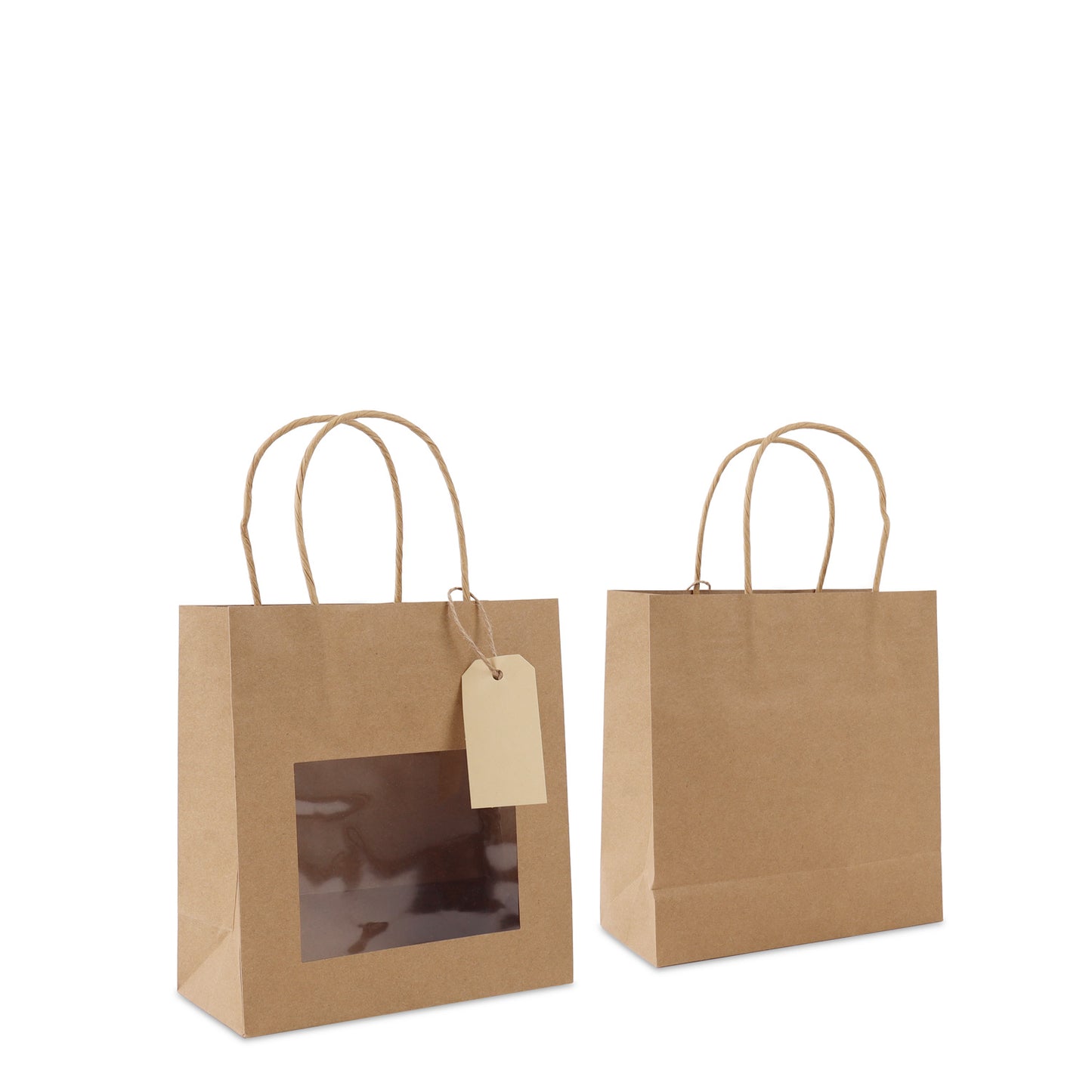 Papieren cadeautasjes met venster en hangtag