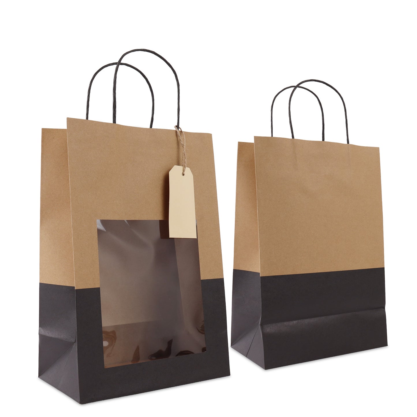 Papieren cadeautasjes met venster en hangtag