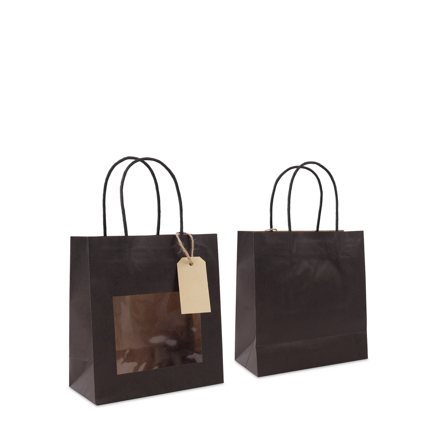 Papieren cadeautasjes met venster en hangtag