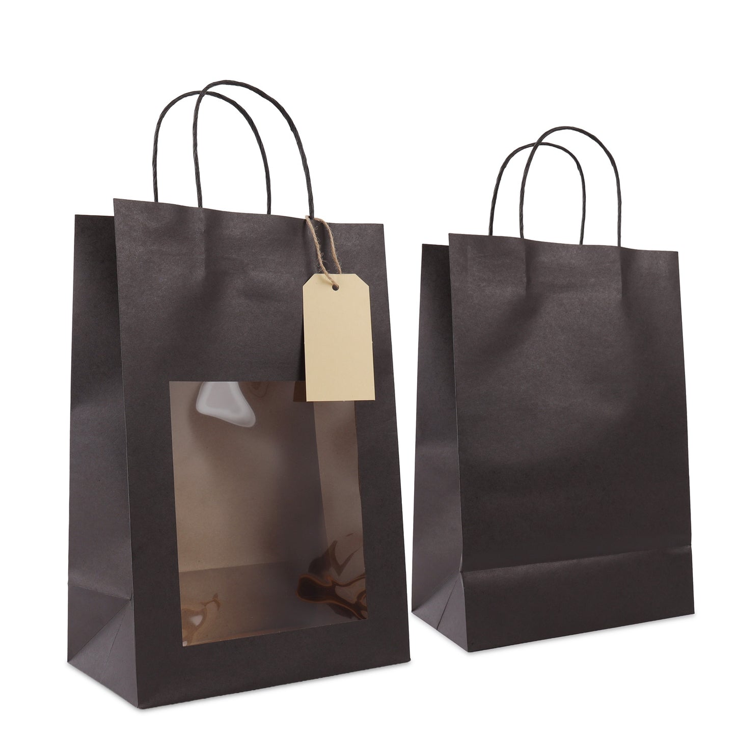 Papieren cadeautasjes met venster en hangtag