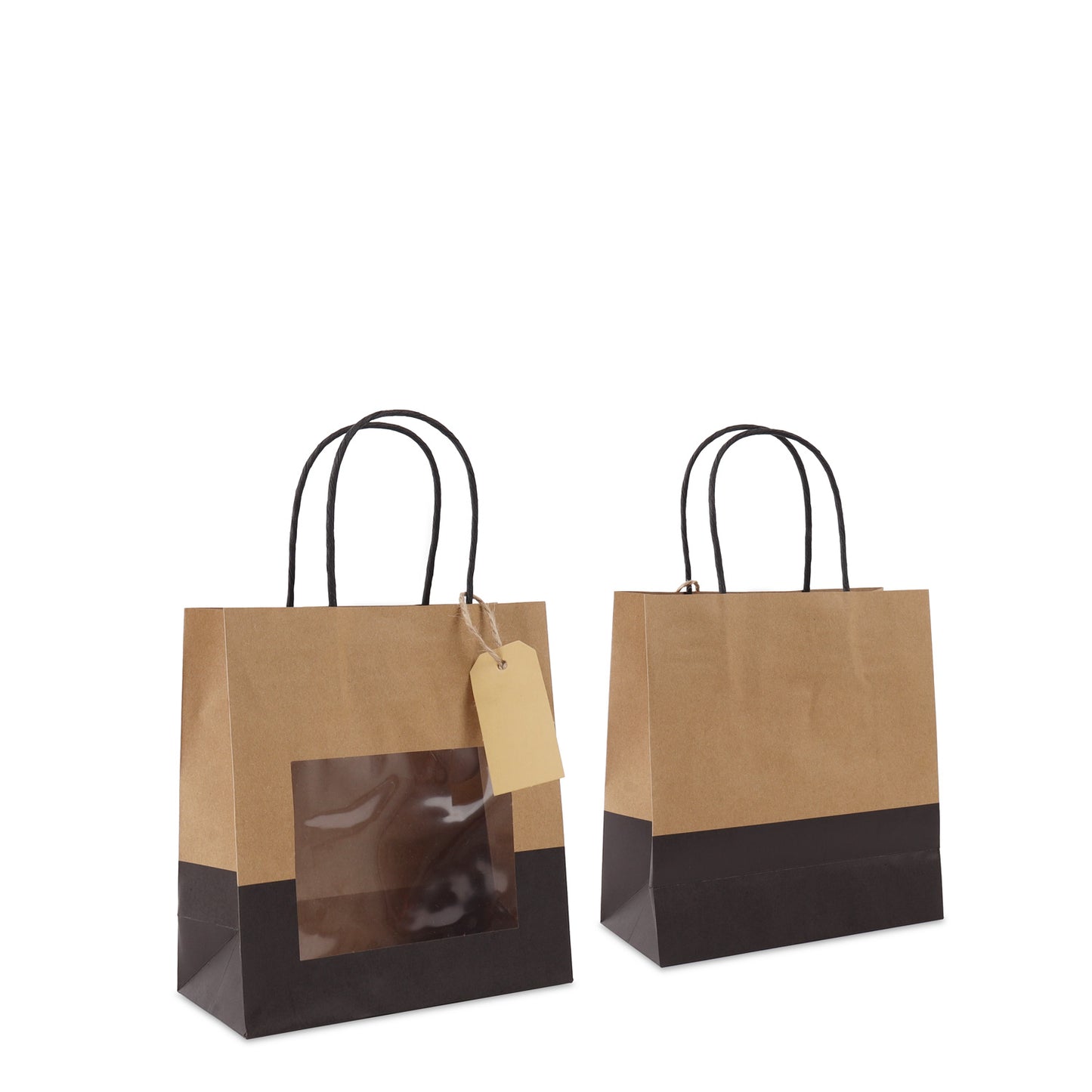 Papieren cadeautasjes met venster en hangtag