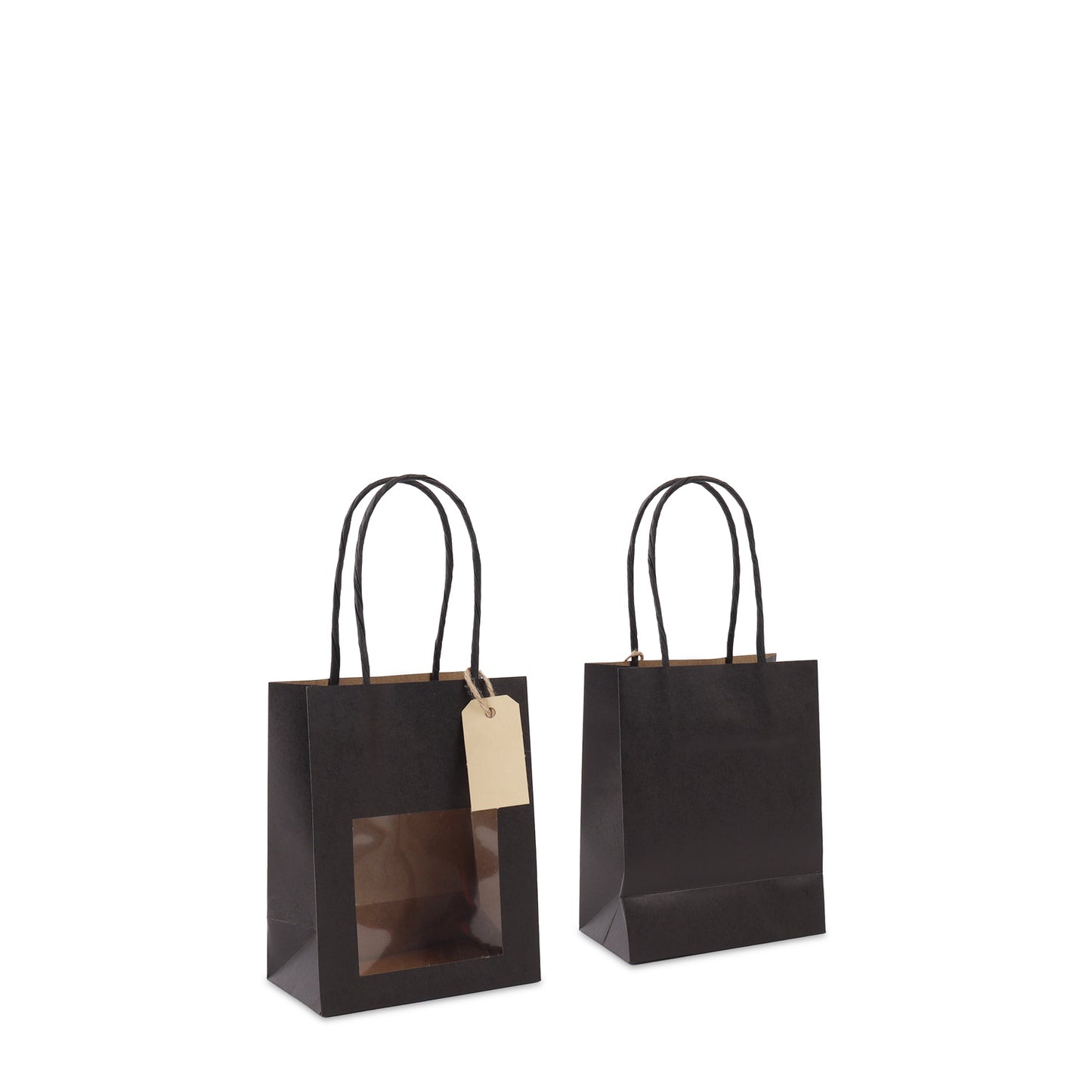Papieren cadeautasjes met venster en hangtag