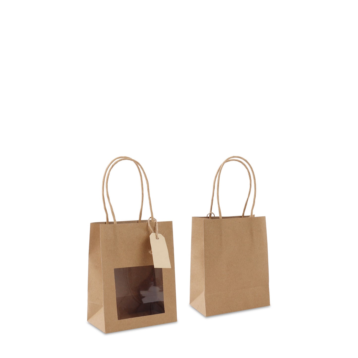 Papieren cadeautasjes met venster en hangtag